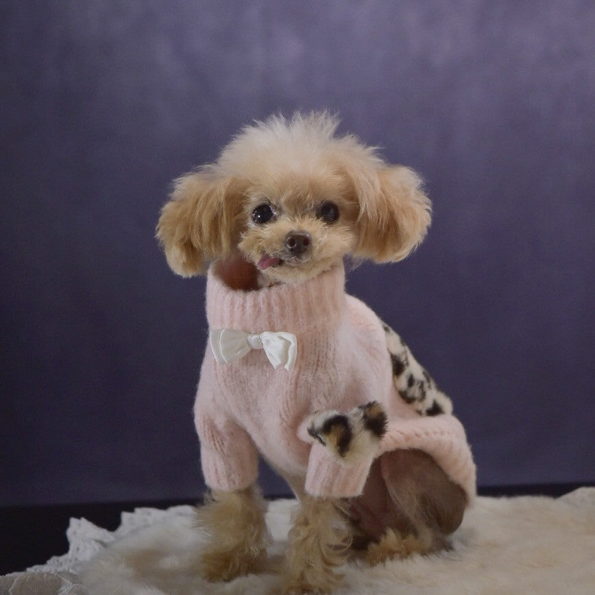 ふわもこヒョウ柄ハートモチーフニット | 犬服 小型犬 ドッグウェア