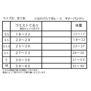 縦柄レース マナーパンツ マジックテープタイプ サイズ表