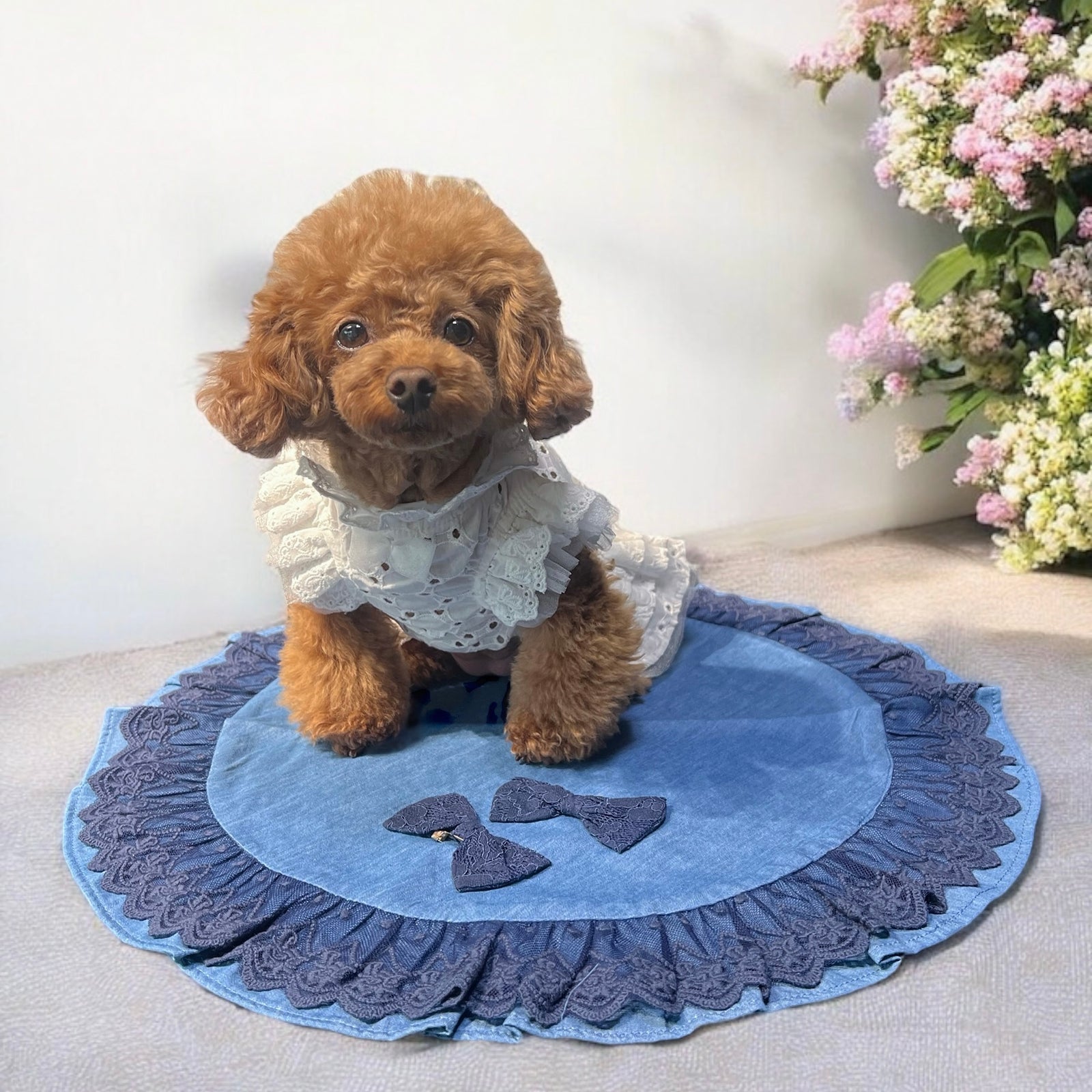 【スペシャルプライス】デニムレースサークルカフェマット | 小型犬 お出かけ ドッグウェア カフェ用 おしゃれ KALINA