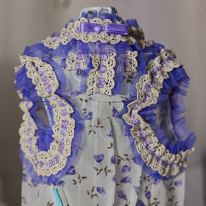 ぼんやりお花柄プリントワンピース ブルー 首元　レース｜犬服 ドッグウェア KALINA