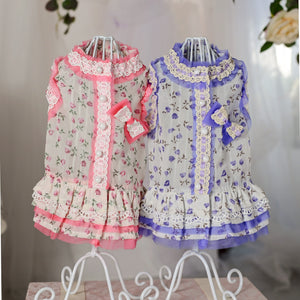 ぼんやりお花柄プリントワンピース ピンク　ブルー カラーバリエーション　背面｜犬服 ドッグウェア KALINA