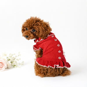 KALINA カシミヤ混ふりふりワンピース レッド　後ろ｜やわらかく伸縮性のある犬服