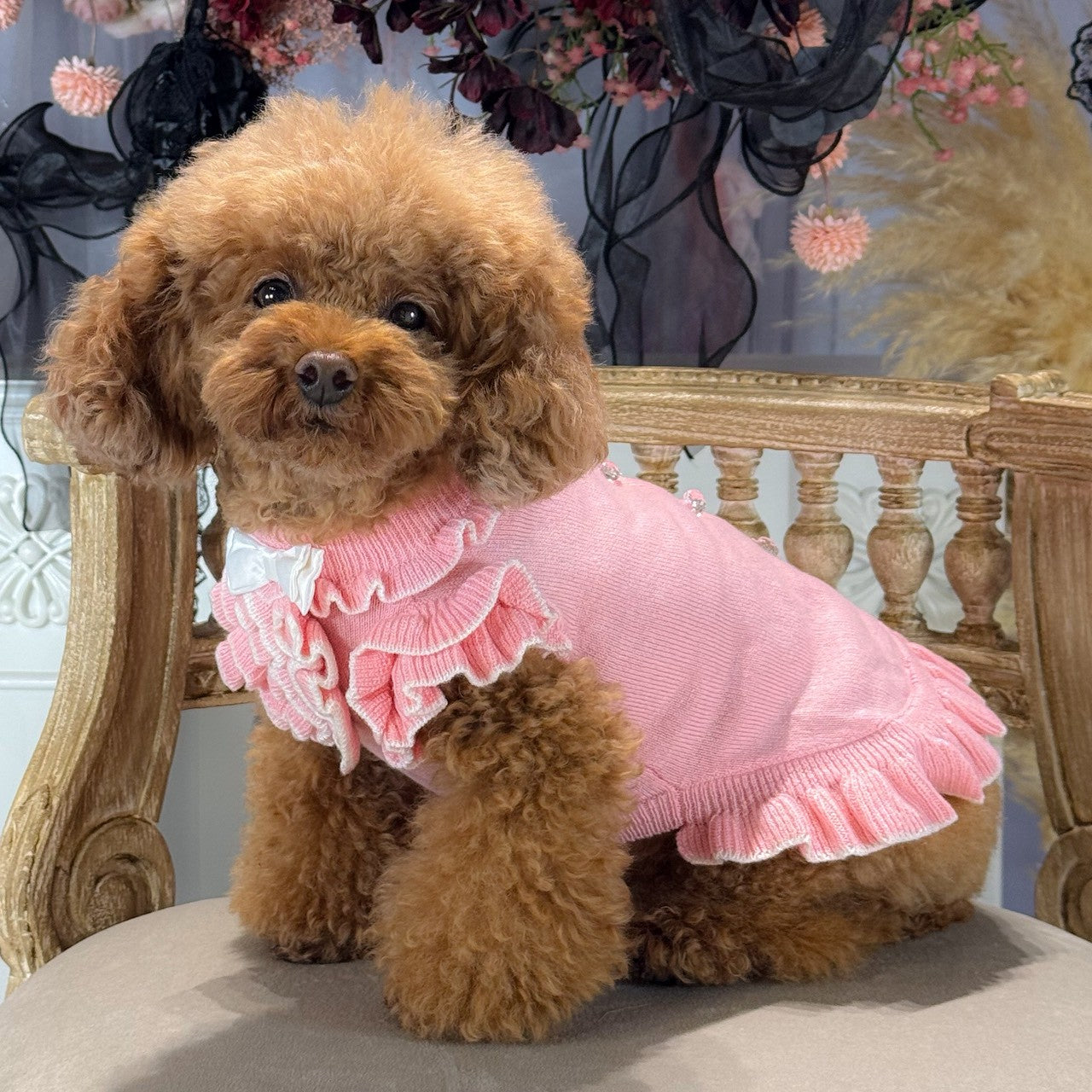 犬用カシミヤ混フリルワンピース。3色の着用イメージで姉妹コーデにおすすめ