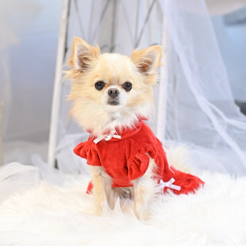 セーラー風犬服 赤いリボン付き リボンいっぱいコーデュロイPUワンピース | 犬服 小型犬 ドッグウェア