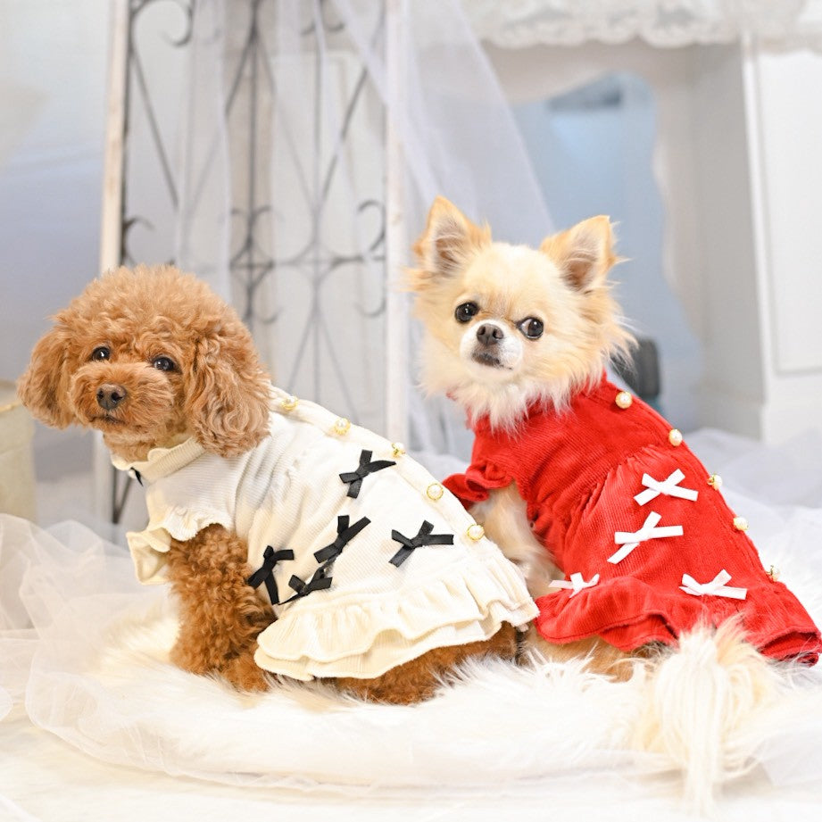 リボンいっぱいコーデュロイPUワンピース | 犬服 小型犬 ドッグ