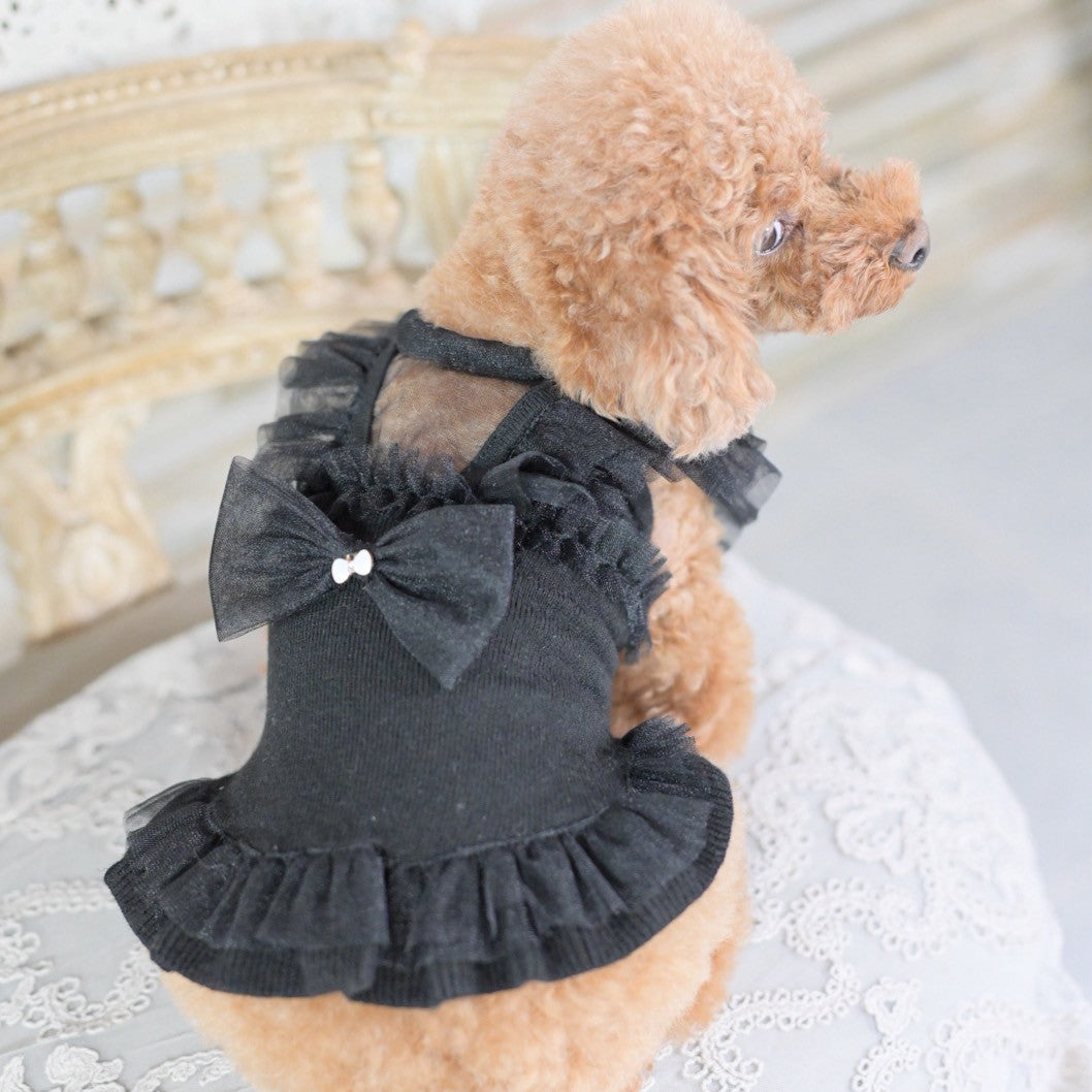 柔らかで着心地の良いワンピース　カシミヤ混チュールフリルワンピース　オレンジピンク　小型犬等におすすめ　トイプードル　チワワ　マルチーズ