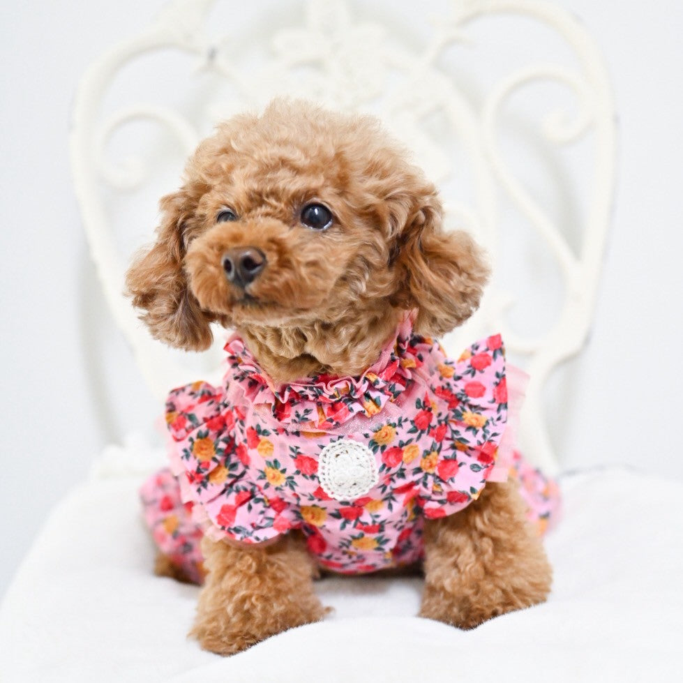 透け感のあるシフォン生地にチェック+花柄を施したワンピース　ピンク