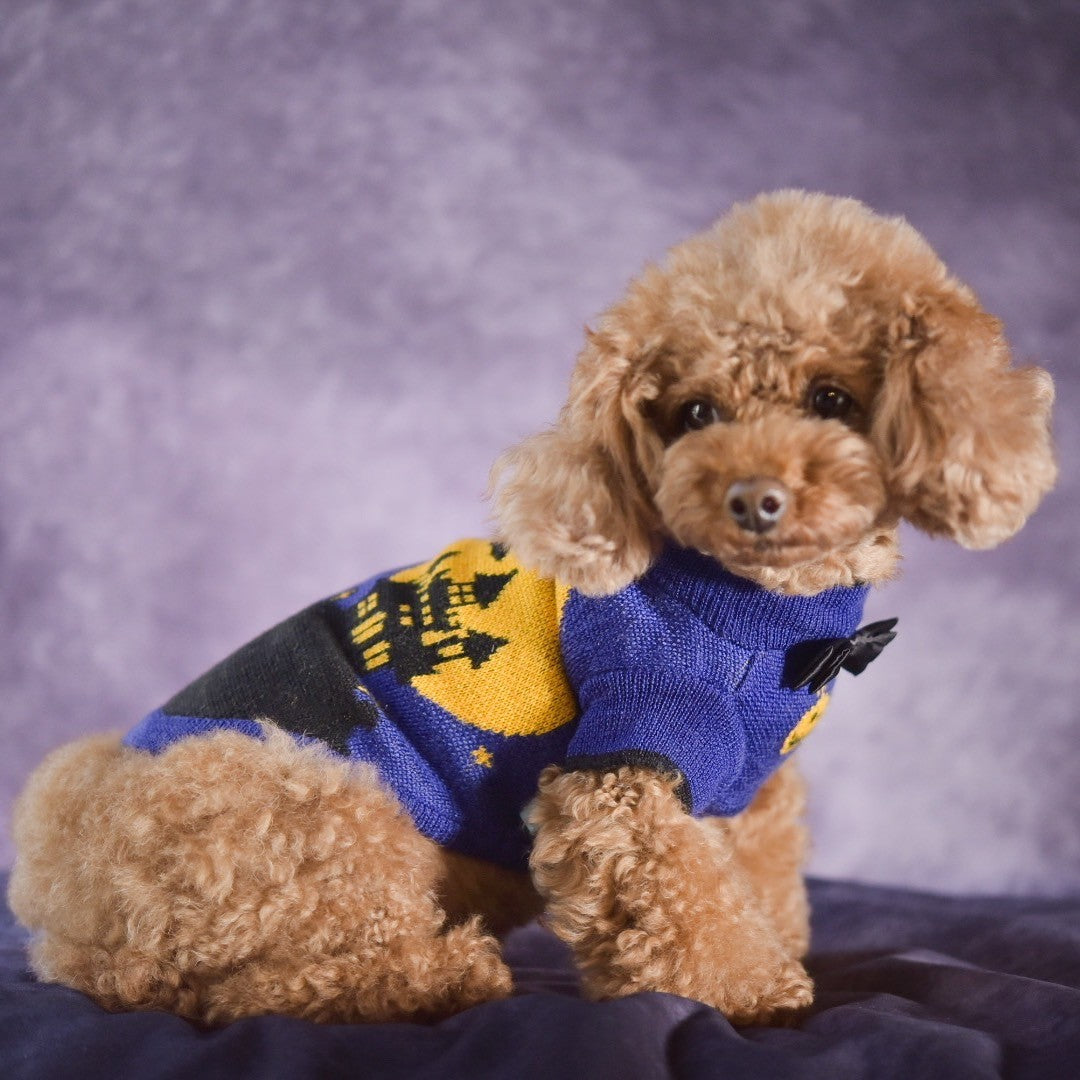 小型犬用ハロウィンお城柄ニット ドッグウェア ワンピースとセーター トイプードル2.8㎏　Sサイズ着用　KALINA