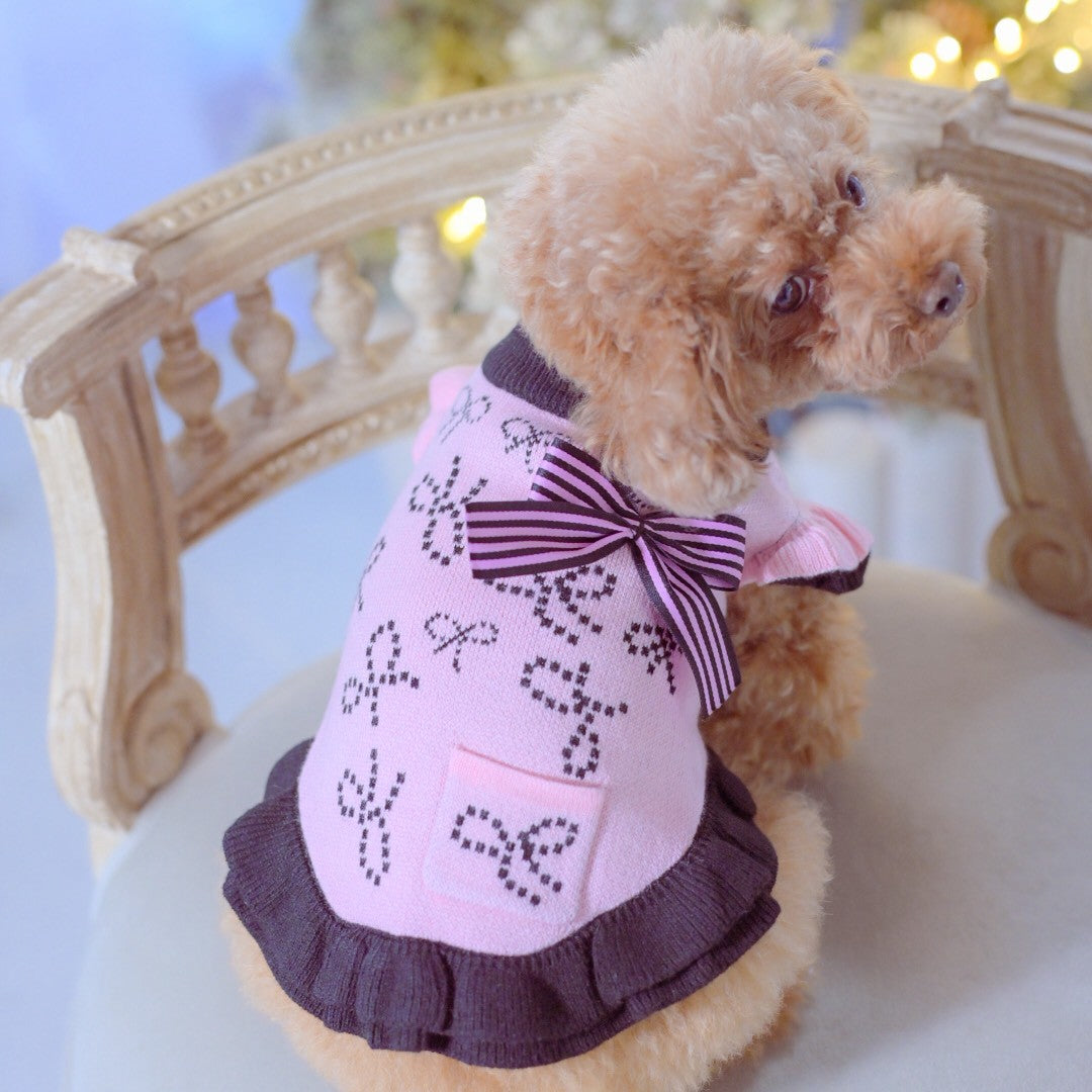 新作】カシミヤ混リボン柄ジャカードワンピース ｜犬服 小型犬 ドッグ