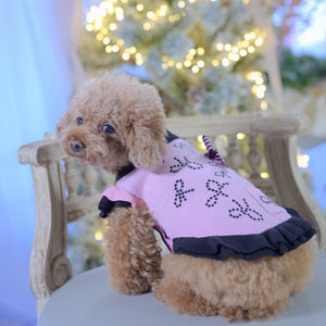 カシミヤ混のピンクリボンジャカード柄ニットワンピース 背面デザイン｜リボン付き｜小型犬用ドッグウェア KALINA