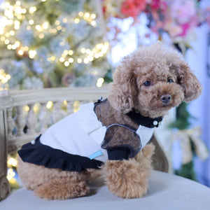 カシミヤ混のホワイトニットにブラックチュールヨークとリボンをあしらった小型犬用ワンピース｜ウエストにパール装飾付き｜KALINA ドッグウェア