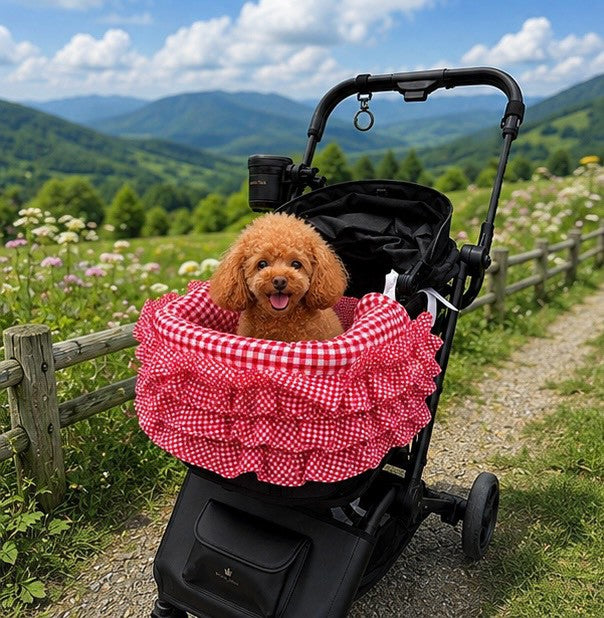 小型犬用 KALINA ギンガムチェックフリルカートカバーと2Wayカフェマットのセット。Black・Redの2色、セット価格13,000円