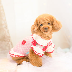 ギンガムいちご柄ワンピース ピンク 着用イメージ 横から