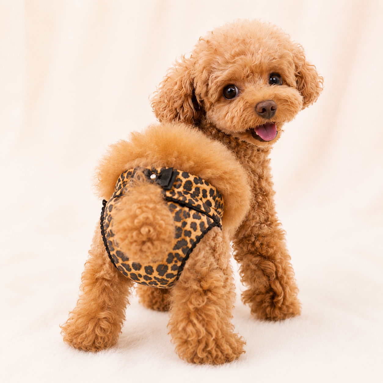 レオパード柄の上品なマナーパンツを着用した小型犬。おむつをおしゃれにカバーできるデザインで、お出かけや撮影会にもおすすめです。