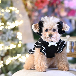 ベルベット素材の黒いおめかしシュシュを耳につけたトイプードル｜KALINA ペットファッション