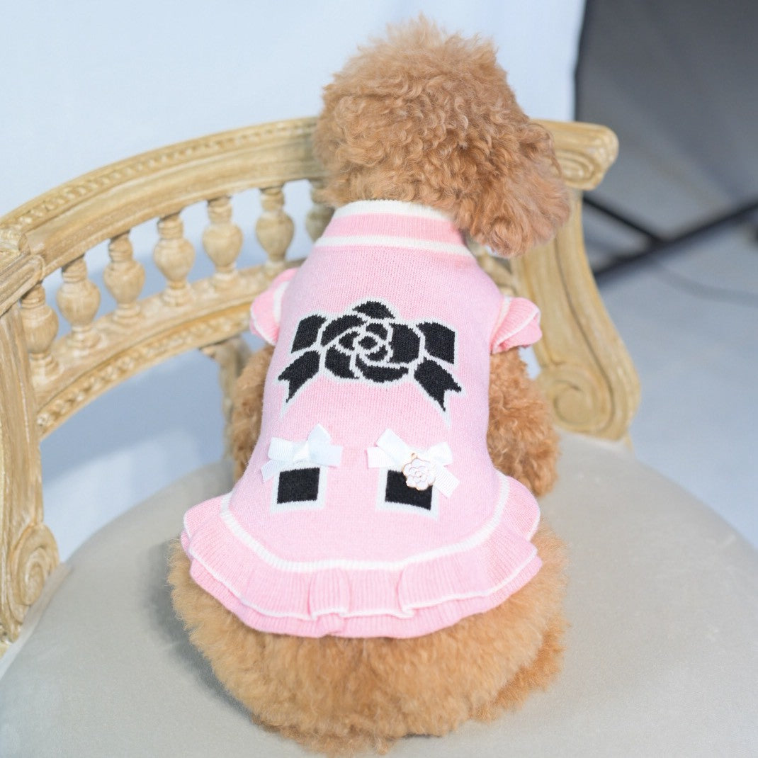 カシミヤ混カメリア柄ワンピース | 小型犬 犬服 秋冬 KALINA - ワンコ