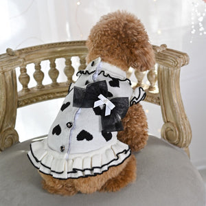 新色白×黒のハート柄ニットワンピースを着用したトイプードルの後ろ姿。モノトーン配色でスッキリな印象の犬服