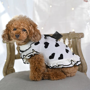 新色白×黒のハート柄ニットワンピースを着用したトイプードルを横から。モノトーン配色でスッキリな印象の犬服