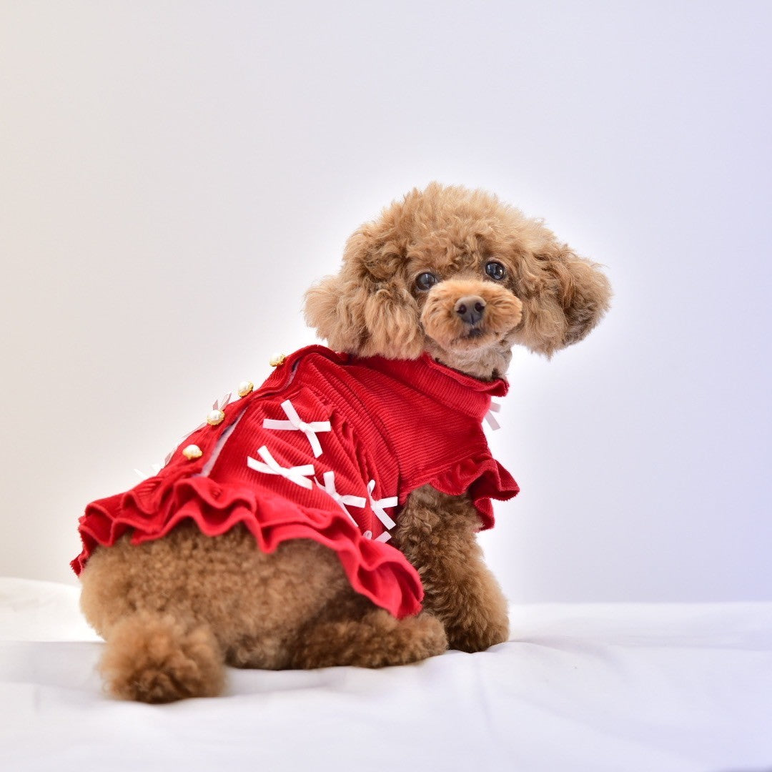リボンいっぱいコーデュロイPUワンピース | 犬服 小型犬 ドッグウェア