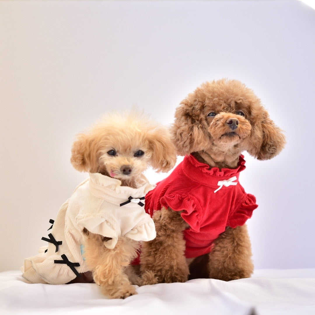 リボンいっぱいコーデュロイPUワンピース | 犬服 小型犬 ドッグウェア