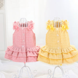 KALINA スプリングツイードワンピース ピンク　イエロー　 ディテール フリル ツイード生地
