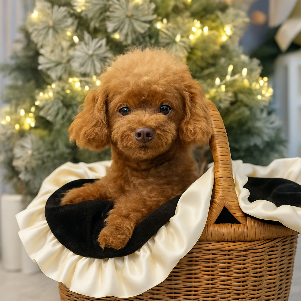 黒フリルのバッグから顔を出すトイプードルの写真。やわらかいふわもこバッグインバッグが入っている様子。
