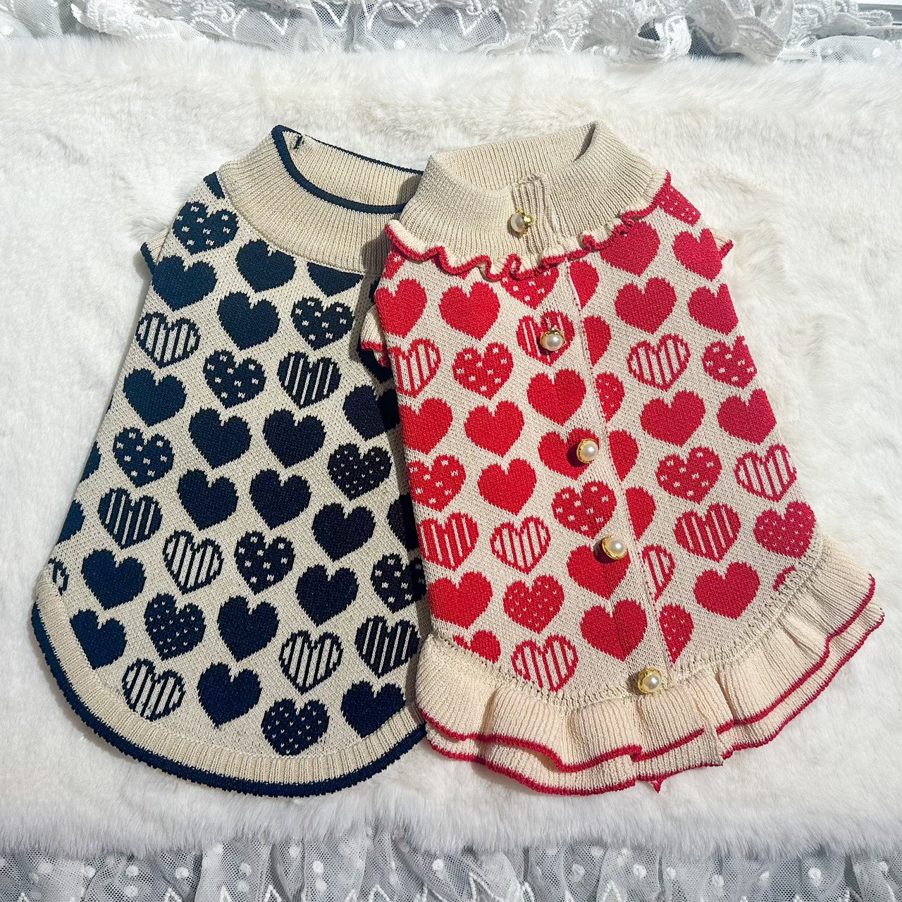 いろいろハート柄ニット（フリルあり・なし）| 犬服 小型犬 ドッグウェア 秋冬 KALINA